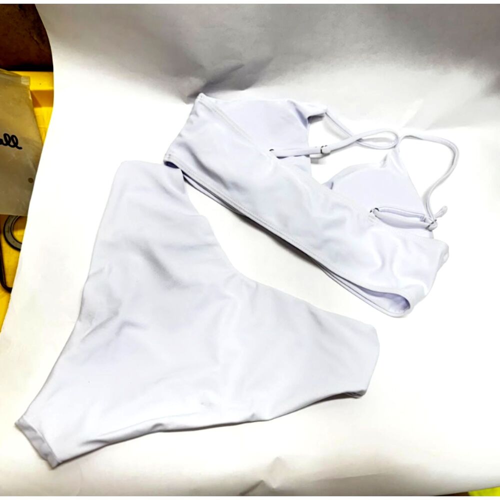 Women's White Two Piece Bikini Medium High Waisted‎ Bottom Adjustable Top